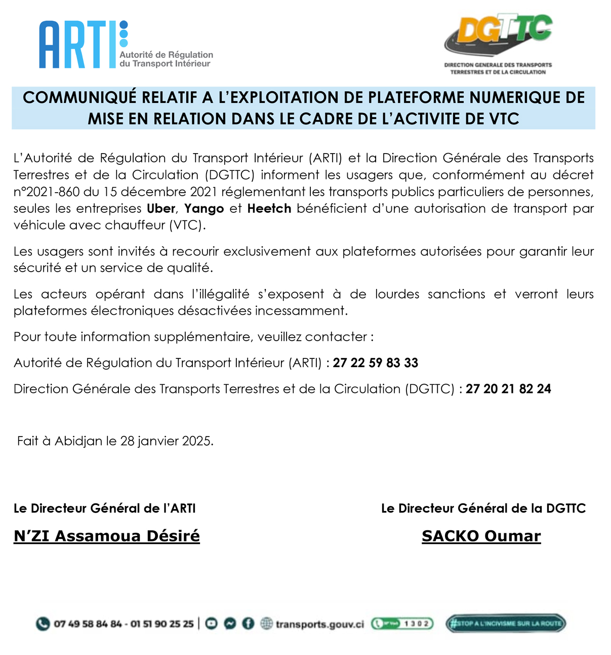 Communiqué relatif à l'exploitation de plateforme numérique de mise en relation dans le cadre de l'activité de VTC